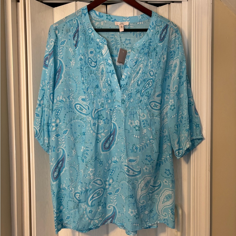 Como Vintage Turquoise Paisley Peasant Top NWT